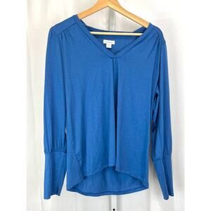 SUNDANCE Ilaria Top V Neck Long Bloused Bishop Sleeve Cotton Lyocell Blue Size M